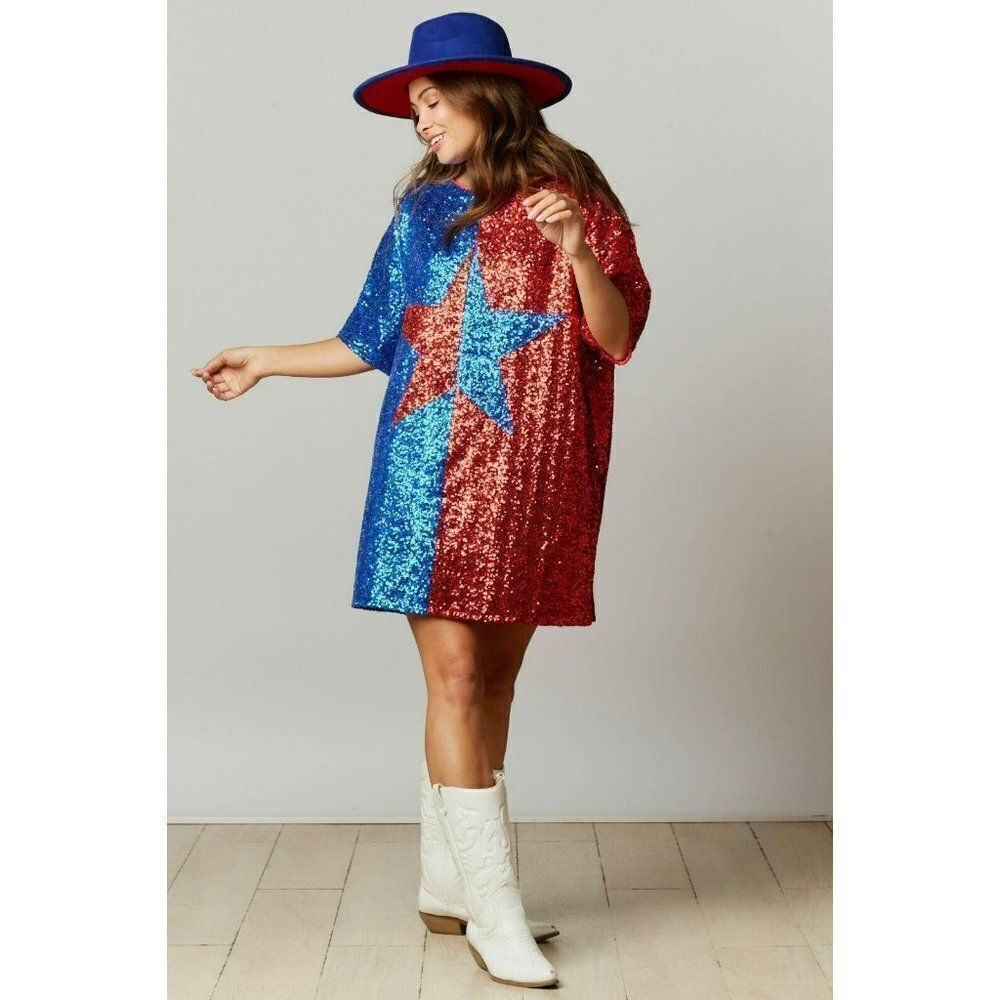 Fantastic Fawn Big Reputation Color Block Sequin Star Dress Red/Blue IFD54232-01 - Picture 8 of 8